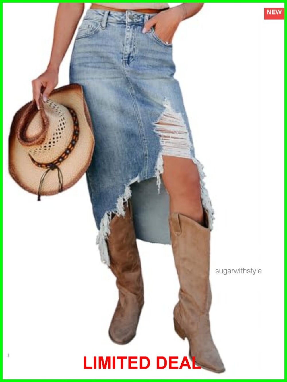 High Waist Ripped Slit Denim Midi Skirt Frayed Raw Hem Asymmetrical Western